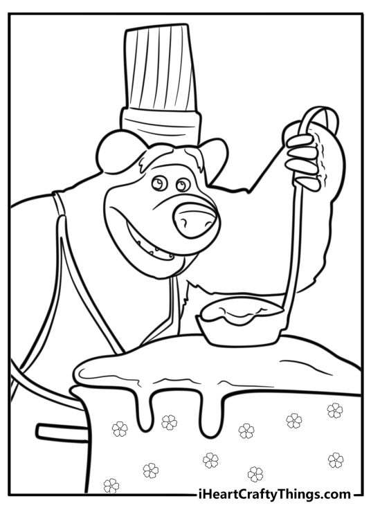 Bear cooking soup in the kitchen free coloring page