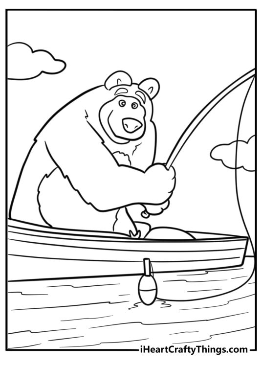Bear fishing at the river coloring page for kids