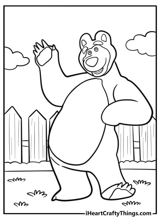 Bear fixing a fence near the house coloring page