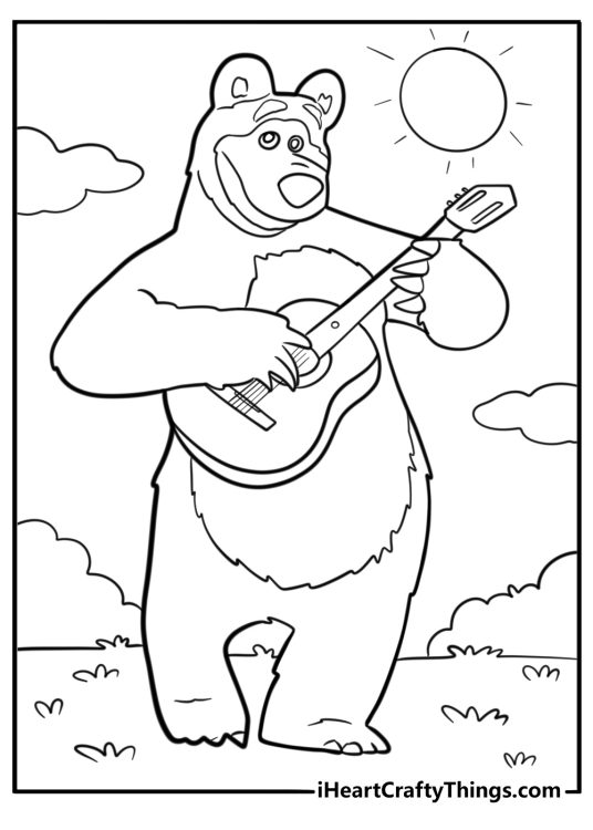 Bear playing guitar on a sunny day printable coloring sheet