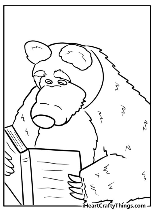 Bear reading a book inside his house coloring sheet