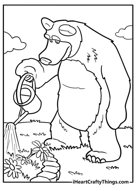 Bear watering flowers in the garden coloring sheet