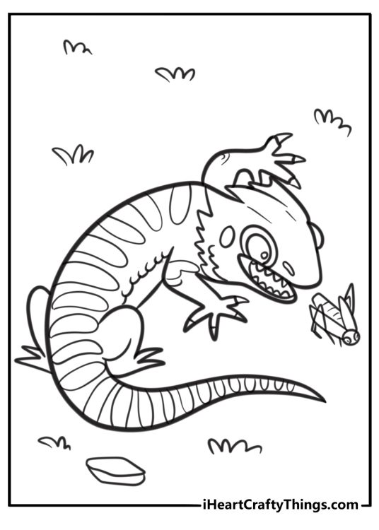 Bearded dragon with crickets nearby coloring page