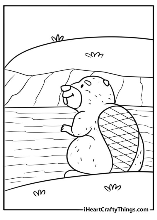 Beaver near a riverbank coloring page for kids