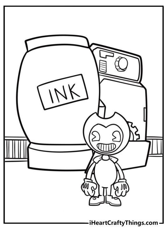 Bendy standing in front of an ink machine coloring page