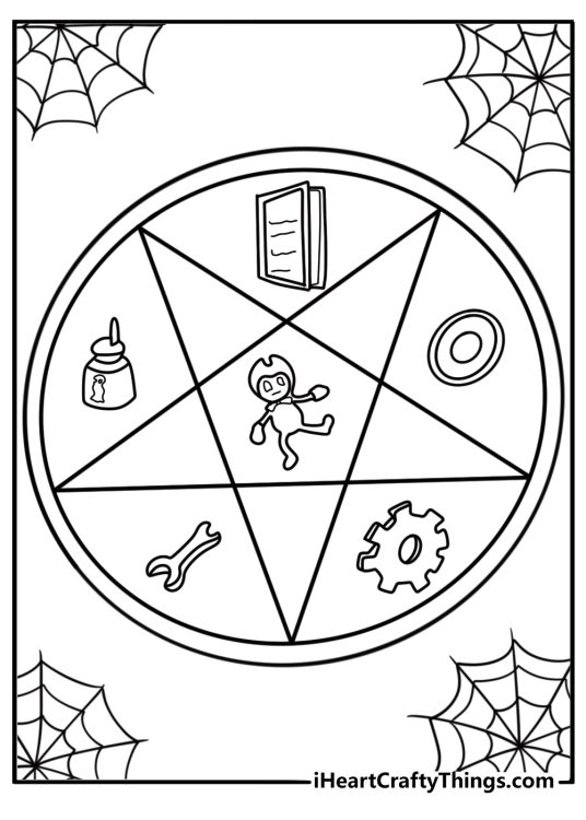 Bendy surrounded by floating ink symbols coloring page
