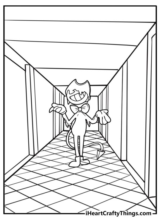 Bendy walking through a dark hallway coloring page