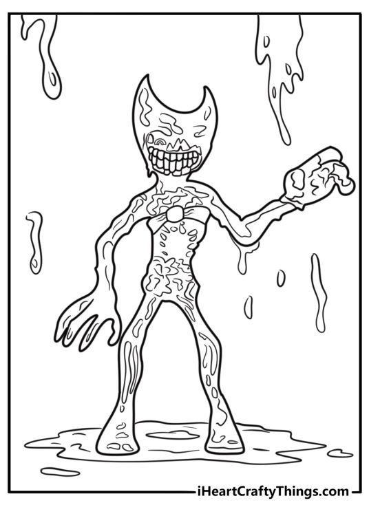Bendy with a creepy smile and ink splashes coloring page