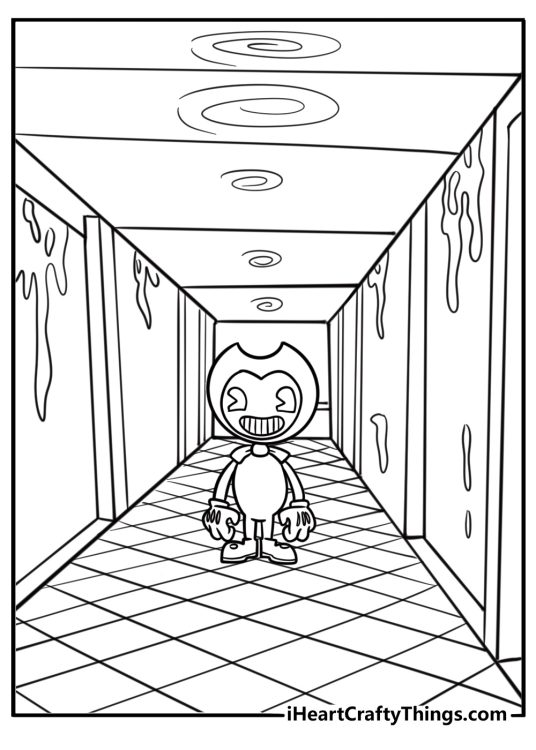 Bendy with glowing eyes in a spooky hallway coloring page