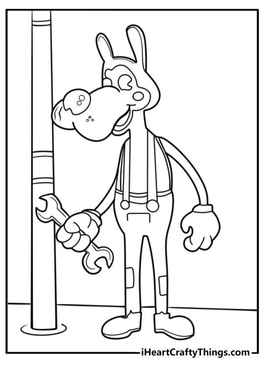 Boris fixing a broken pipe in the workshop coloring page