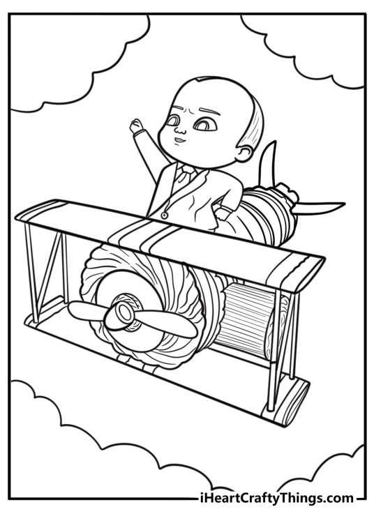 Boss Baby flying in a diaper helicopter coloring sheet