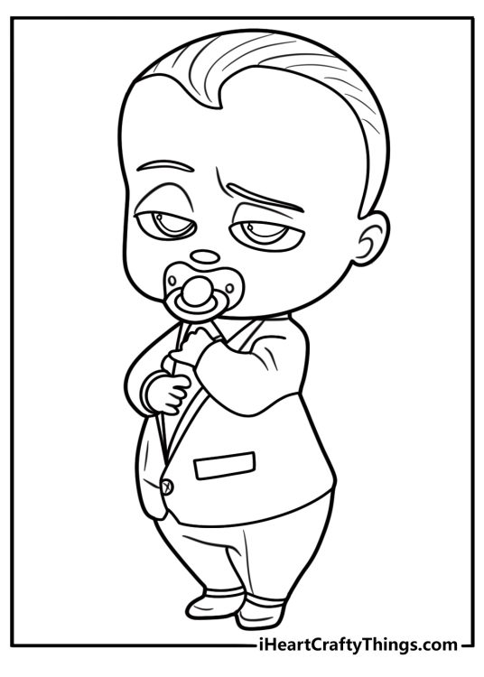 Boss Baby in a stroller with a serious face coloring page