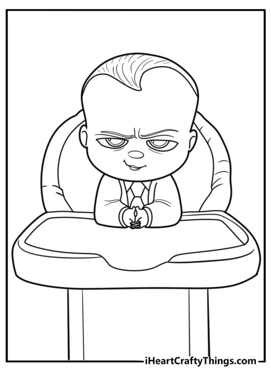 Boss Baby in suit sitting at a desk coloring page