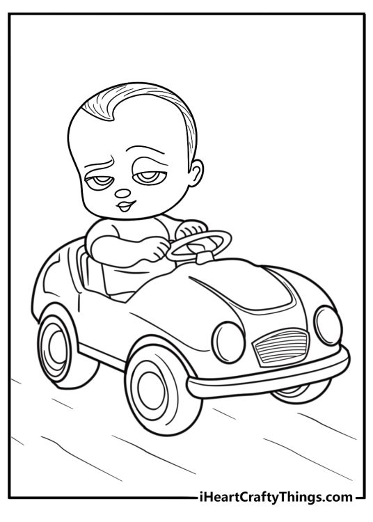 Boss Baby riding in a toy car coloring page