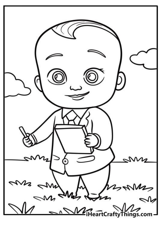 Boss Baby taking notes during a meeting coloring sheet