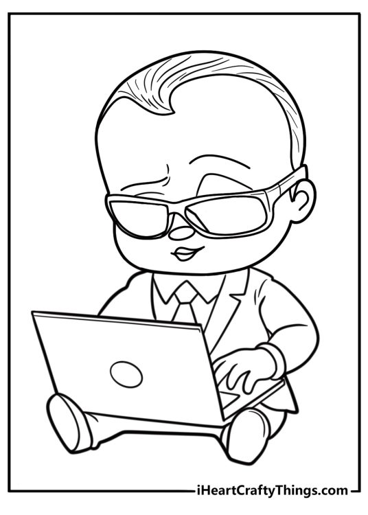 Boss Baby using a laptop coloring page