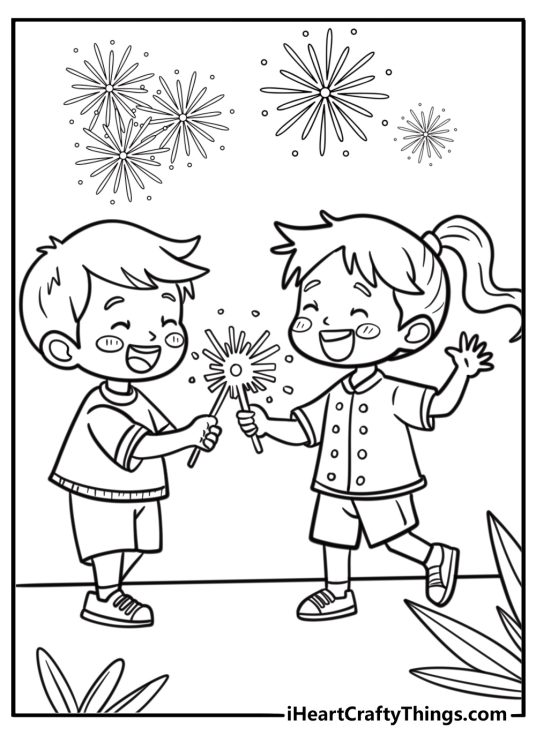 Boy and girl holding sparklers on July evening coloring page