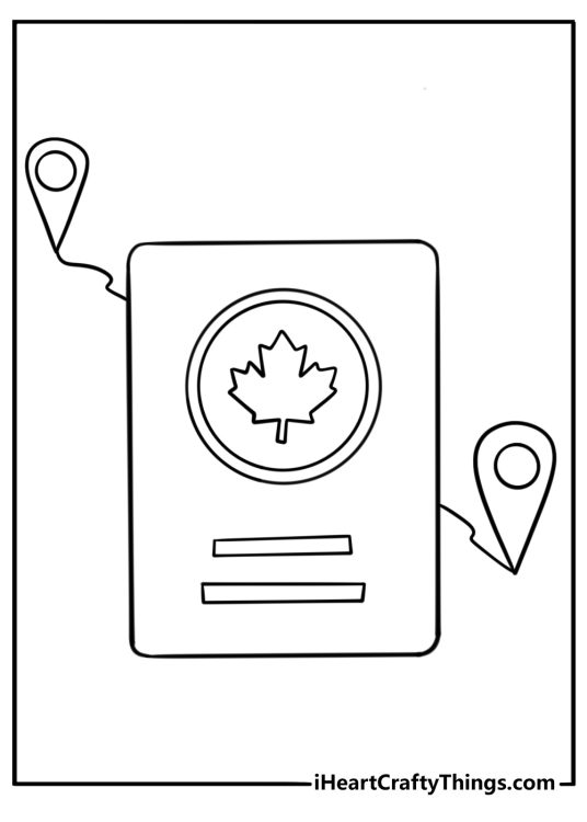 Canadian passport and travel icons free coloring page