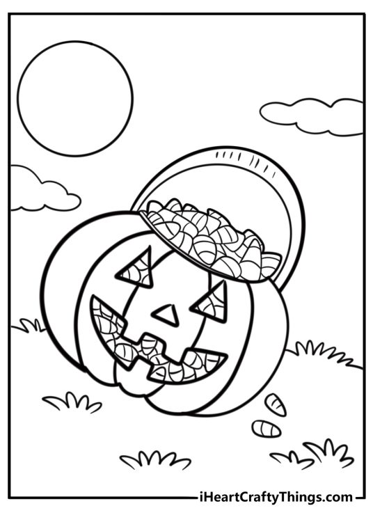 Candy corn falling from a treat bag free printable coloring page