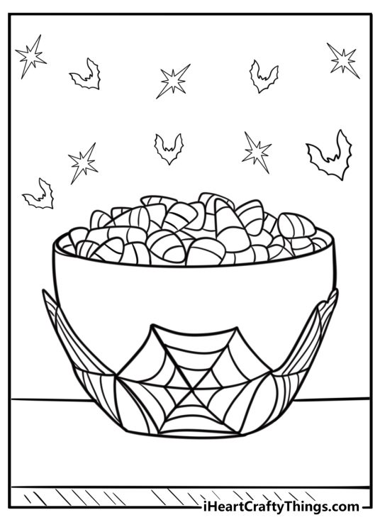 Candy corn in a Halloween bowl free coloring page pdf