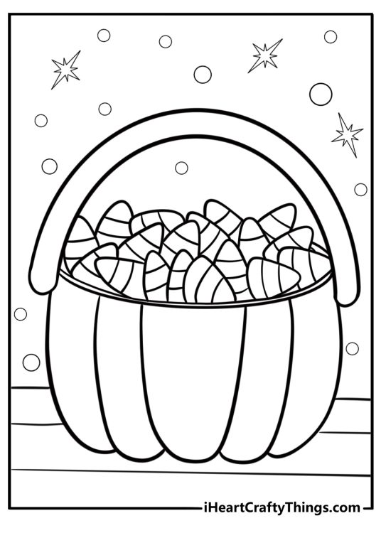 Candy corn inside a pumpkin shaped bucket coloring page