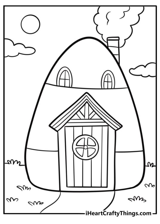 Candy corn shaped house with windows and door coloring page