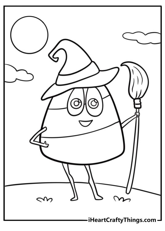 Candy corn with witch hat and tiny broom coloring sheet