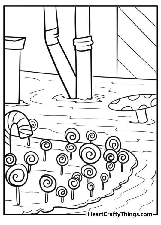 Candy-filled room inside the chocolate factory fun coloring sheet