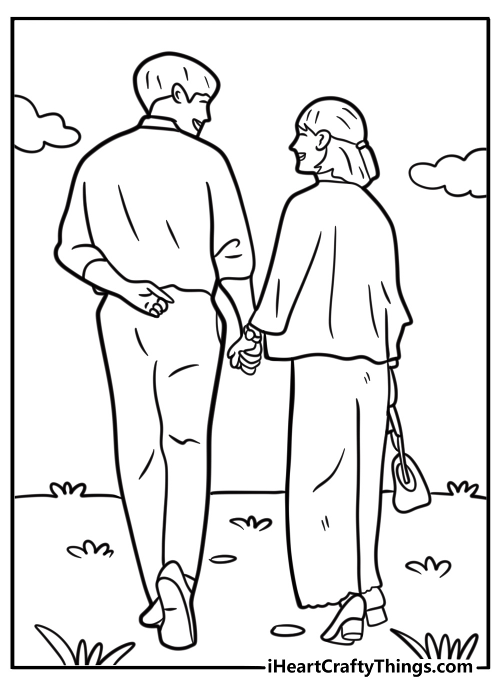Cartoon couple holding hands on a walk coloring page for kids