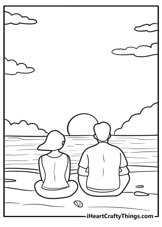 Cartoon couple watching the sunset at the beach coloring sheet