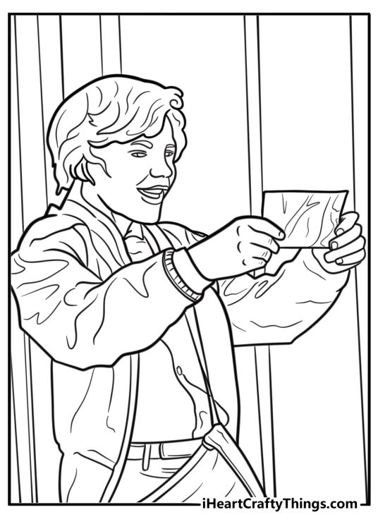 Charlie Bucket holding a golden ticket coloring sheet