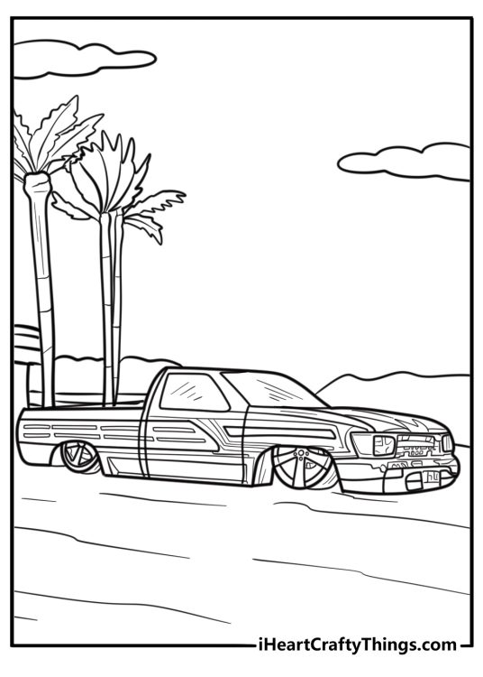 Chopped lowrider truck with low stance coloring page