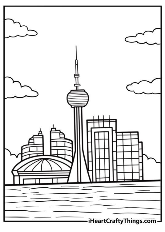 CN Tower in Toronto skyline detailed coloring sheet