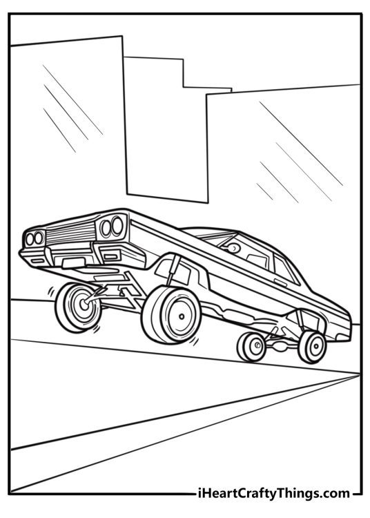 Convertible lowrider cruising down the street coloring page
