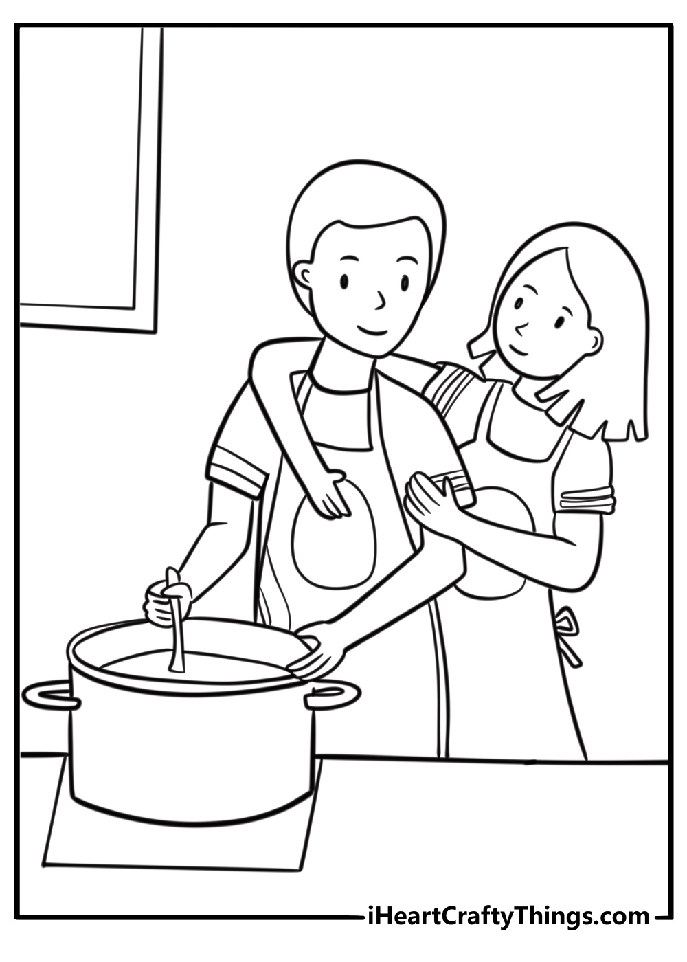 Couple cooking together in the kitchen printable coloring sheet