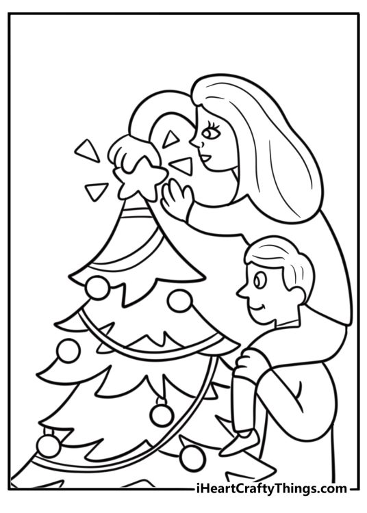 Couple decorating a Christmas tree free printable coloring sheet