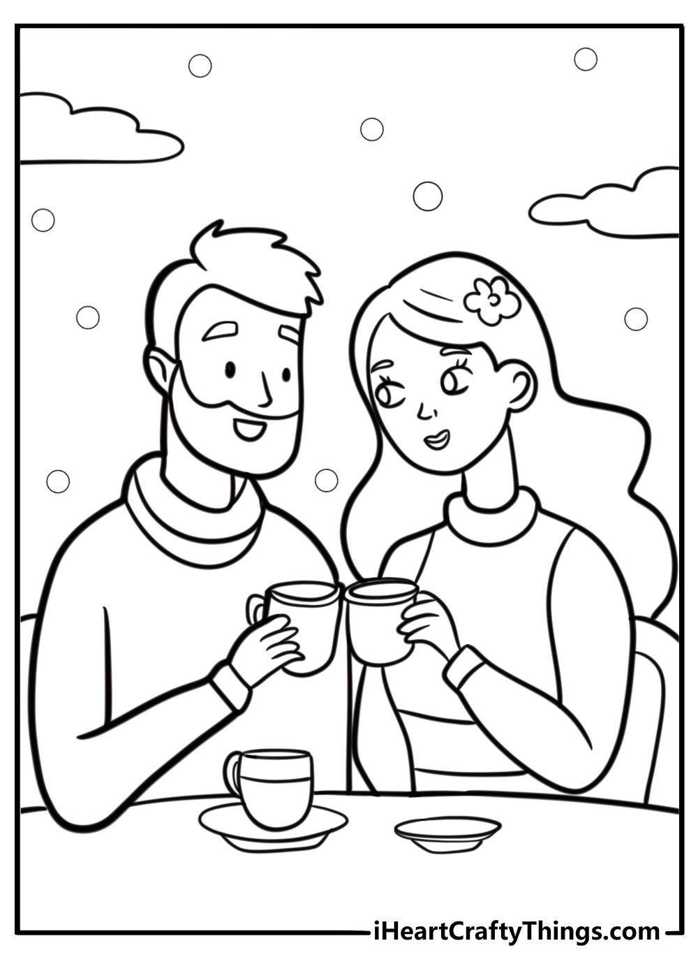 Couple drinking coffee at a cafe detailed coloring page pdf