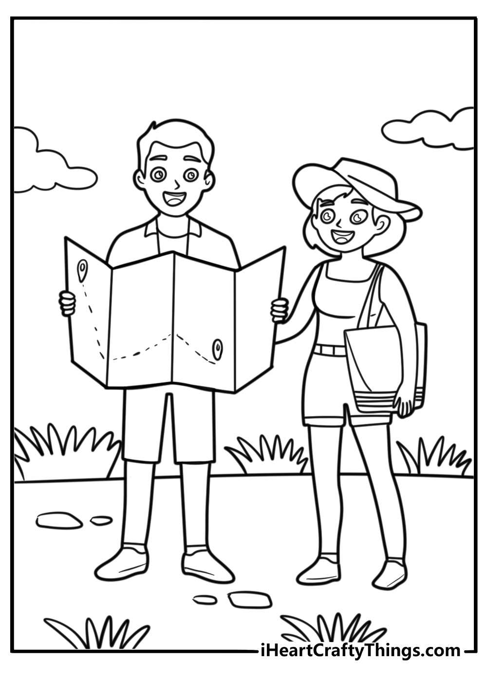 Couple holding a map while traveling cartoon coloring page