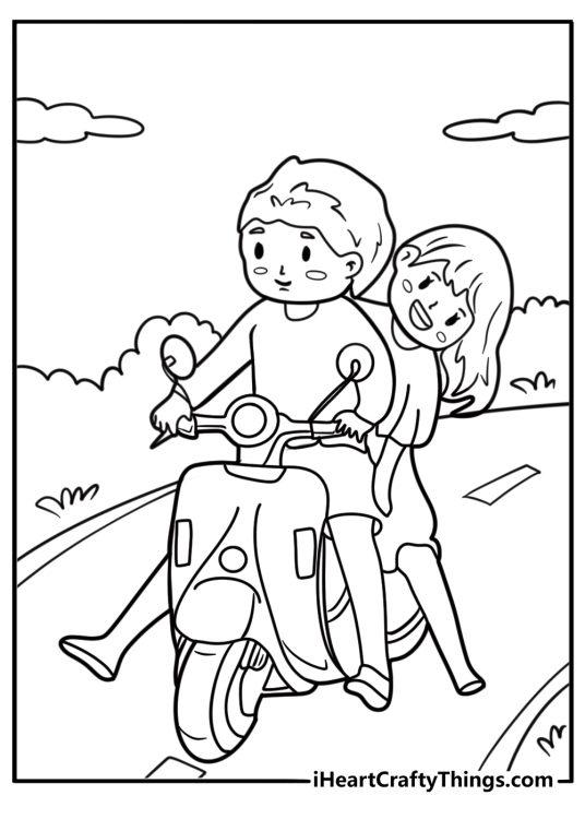 Couple riding a scooter together fun printable coloring sheet