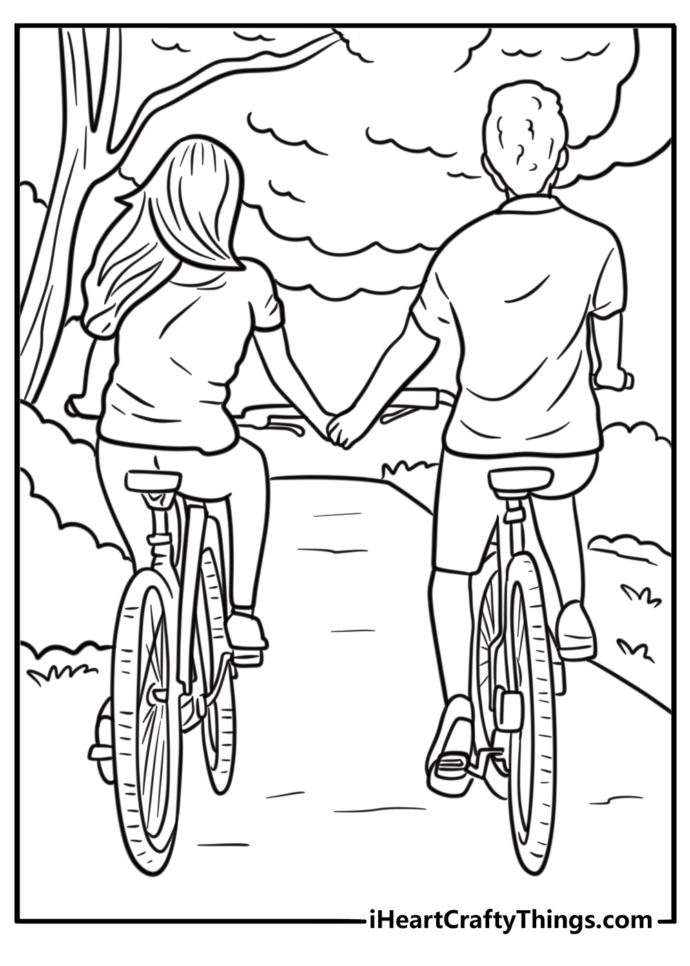 Couple riding bicycles side by side free printable coloring page