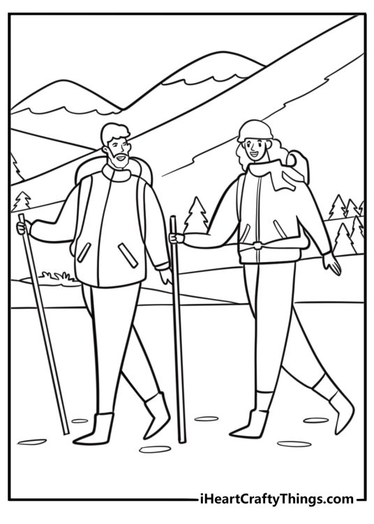 Couple walking in the snow cartoon coloring page for kids