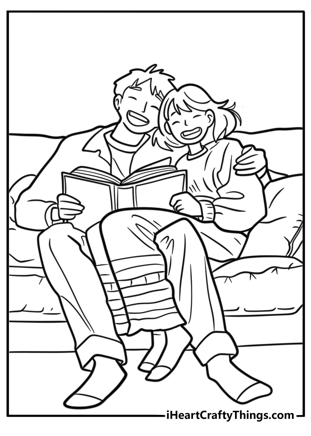 Cozy couple reading a book on the couch cartoon coloring page