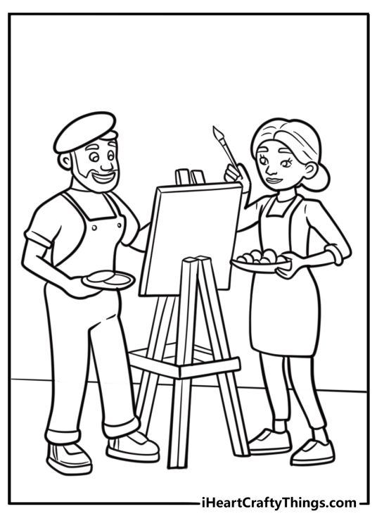 Creative couple painting on a canvas together coloring sheet pdf