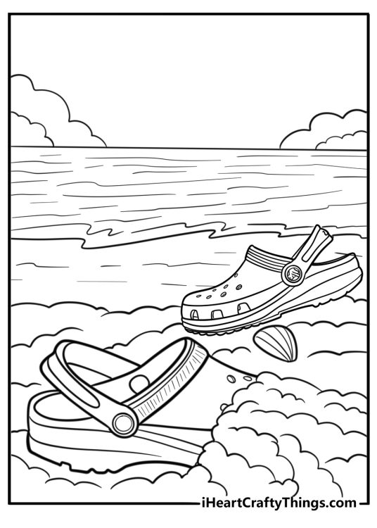 Crocs in a beach scene free printable page