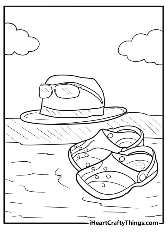 Crocs next to a sunhat and sunglasses coloring sheet