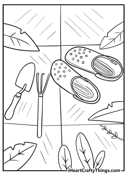 Crocs next to garden tools free printable coloring page