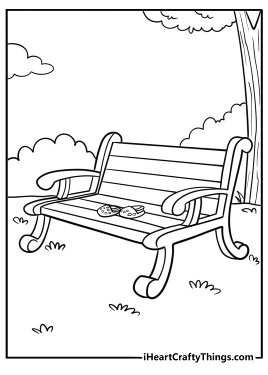Crocs sitting on a park bench coloring page for kids