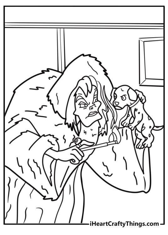 Cruella de Vil angrily looking for the puppies free printable coloring page