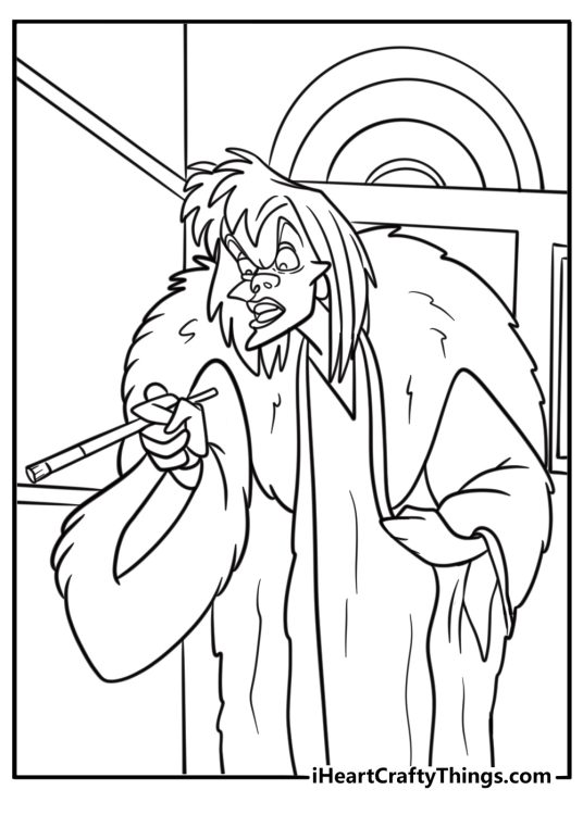 Cruella de Vil looking evil free coloring page pdf