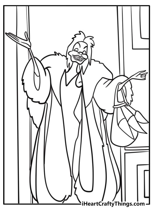 Cruella de Vil standing in the doorway with an evil grin coloring page